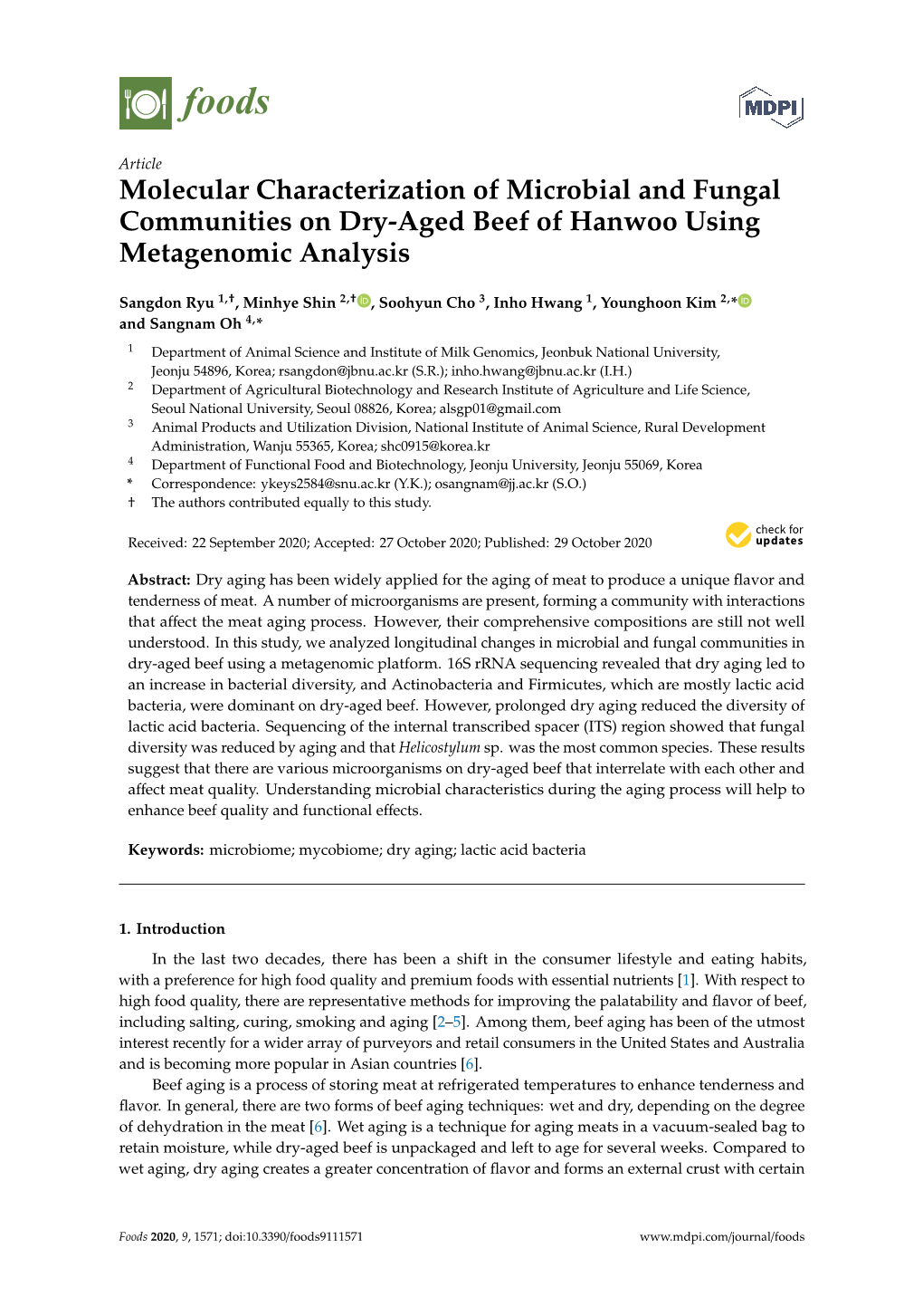 Molecular Characterization of Microbial and Fungal Communities on Dry-Aged Beef of Hanwoo Using Metagenomic Analysis