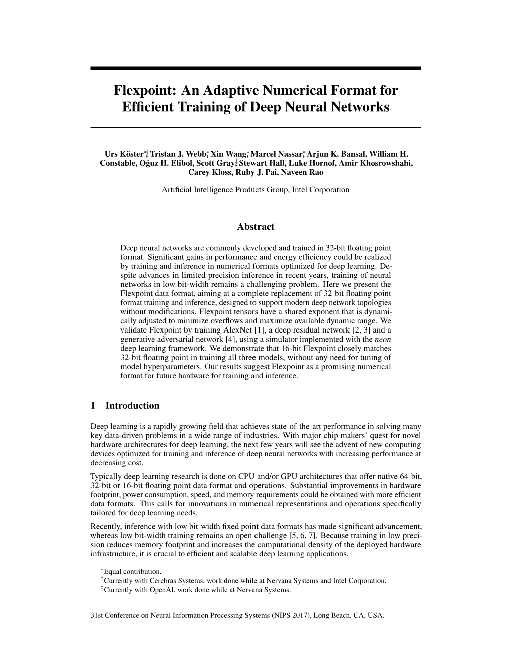 Flexpoint: an Adaptive Numerical Format for Efficient Training of Deep