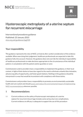 Hysteroscopic Metroplasty of a Uterine Septum for Recurrent Miscarriage