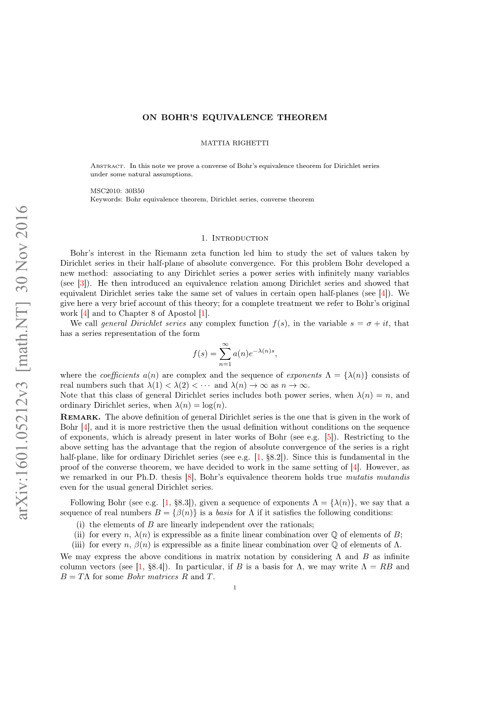 Arxiv:1601.05212V3 [Math.NT] 30 Nov 2016