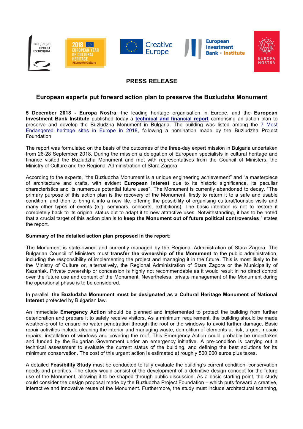 PRESS RELEASE European Experts Put Forward Action Plan to Preserve the Buzludzha Monument