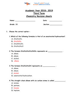 Academic Year 2018- 2019 Third Term Chemistry Revision Sheets