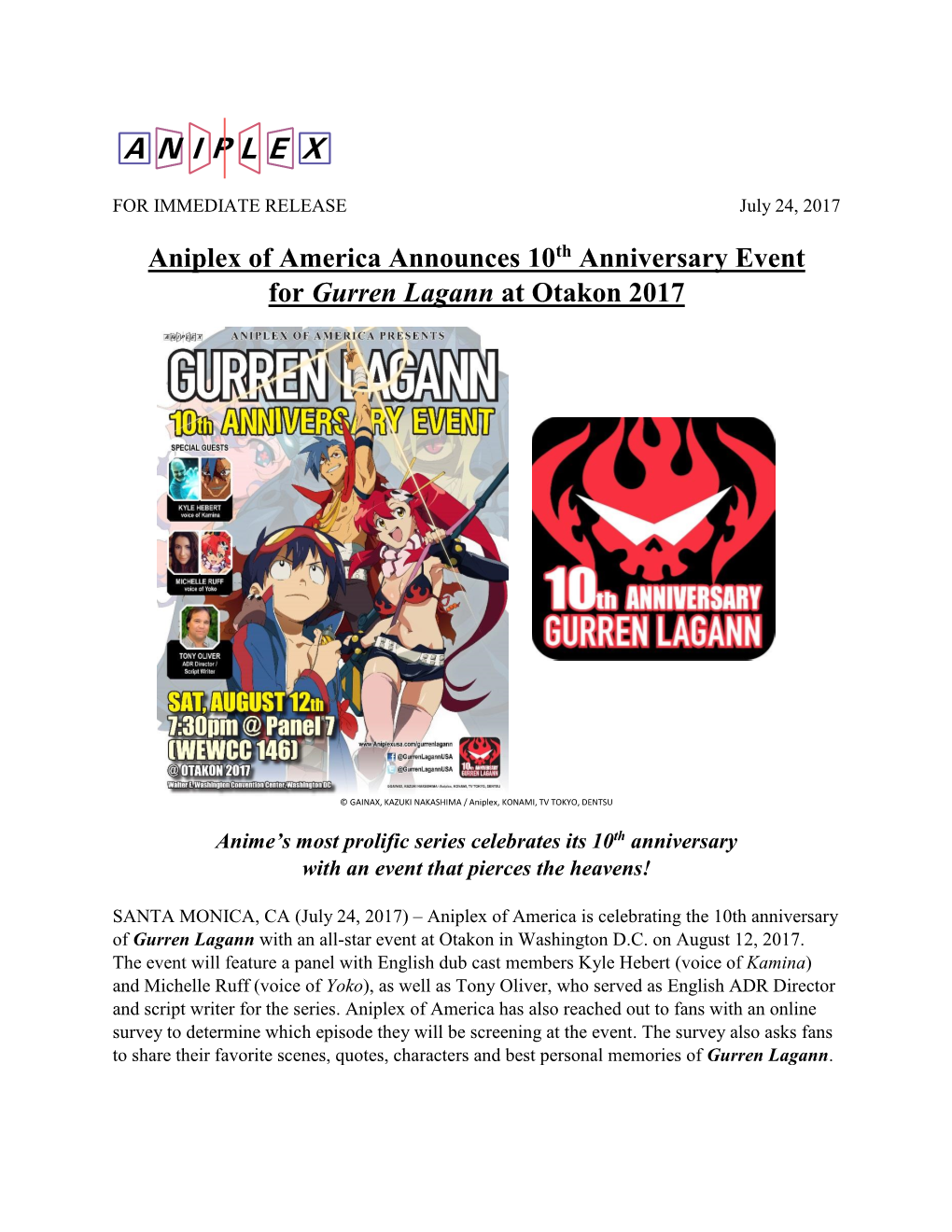 Aniplex of America Announces 10Th Anniversary Event for Gurren Lagann at Otakon 2017