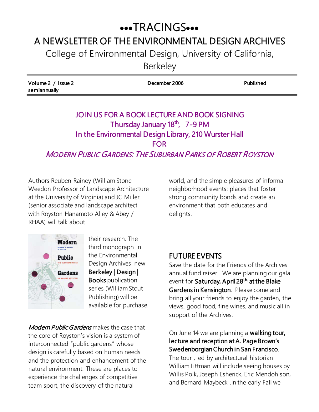 TRACINGS••• a NEWSLETTER of the ENVIRONMENTAL DESIGN ARCHIVES College of Environmental Design, University of California, Berkeley