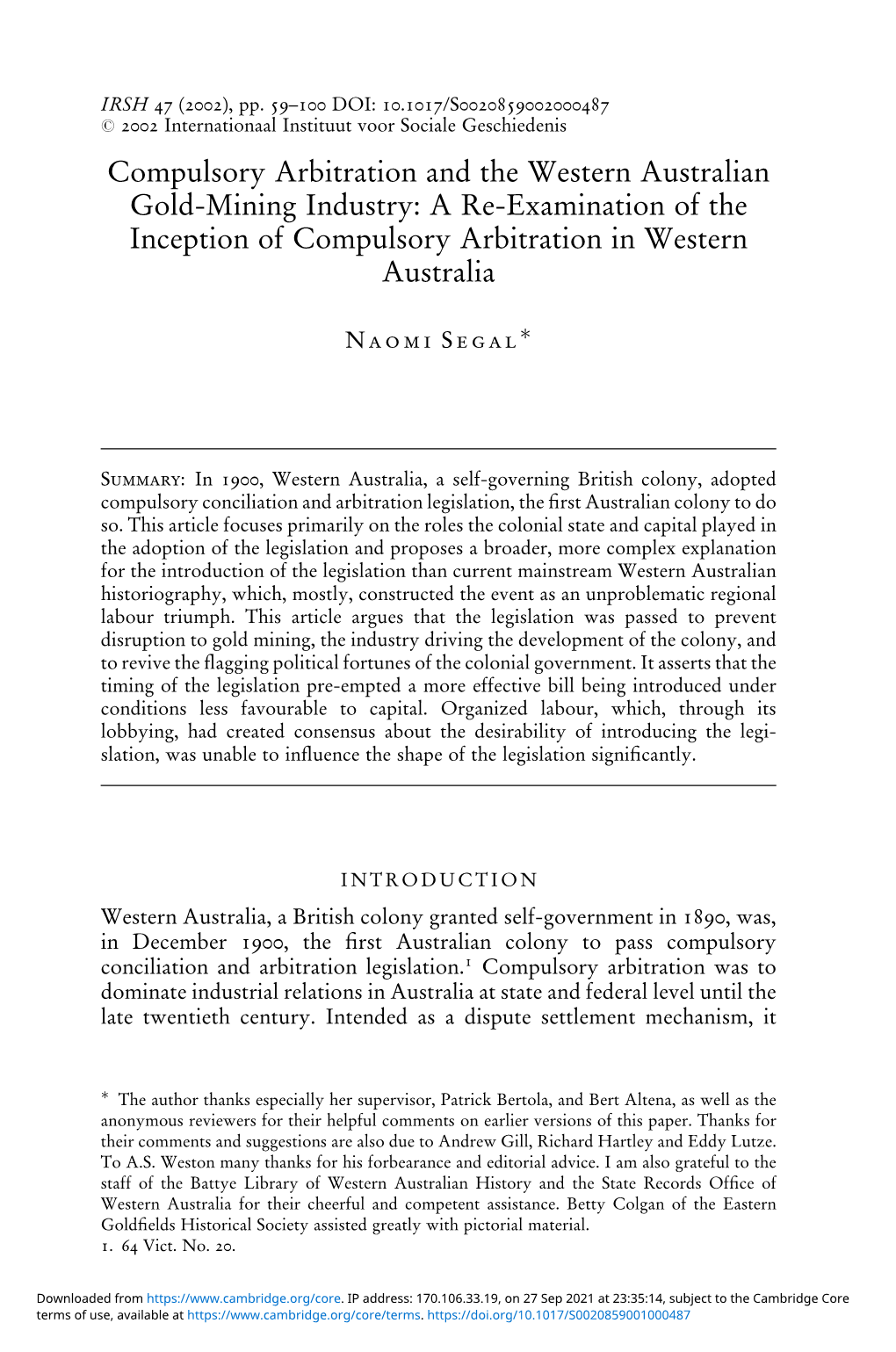 Compulsory Arbitration and the Western Australian Gold-Mining Industry: a Re-Examination of the Inception of Compulsory Arbitration in Western Australia