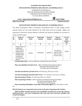 Gorubathan Development Block NOTICE INVITING TENDER NO. BDO/GBN/NIT /231(PBSSM)/2020-21 GOVERNMENT of WEST BENGAL OFFICE OF