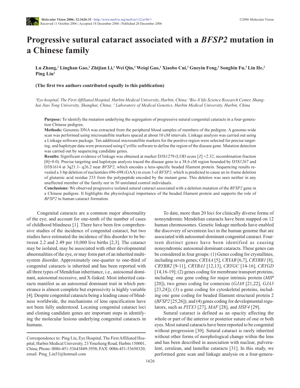 Progressive Sutural Cataract Associated with a BFSP2 Mutation in a Chinese Family