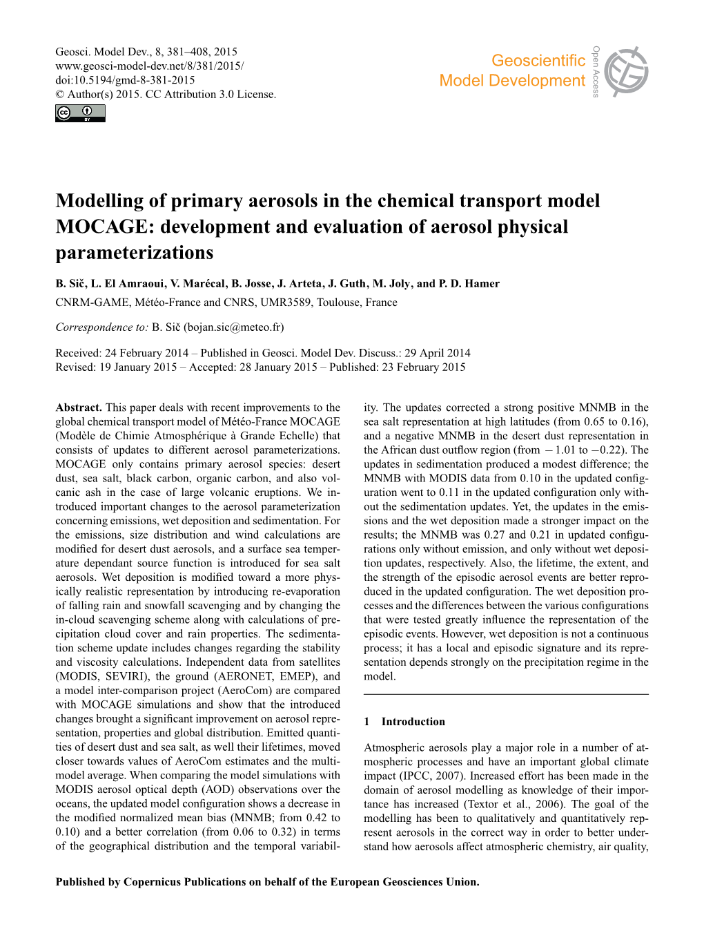 Modelling of Primary Aerosols in the Chemical Transport Model MOCAGE: Development and Evaluation of Aerosol Physical Parameterizations