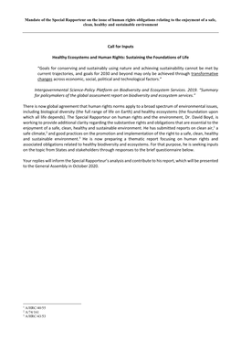 Call for Inputs Healthy Ecosystems and Human Rights: Sustaining the Foundations of Life