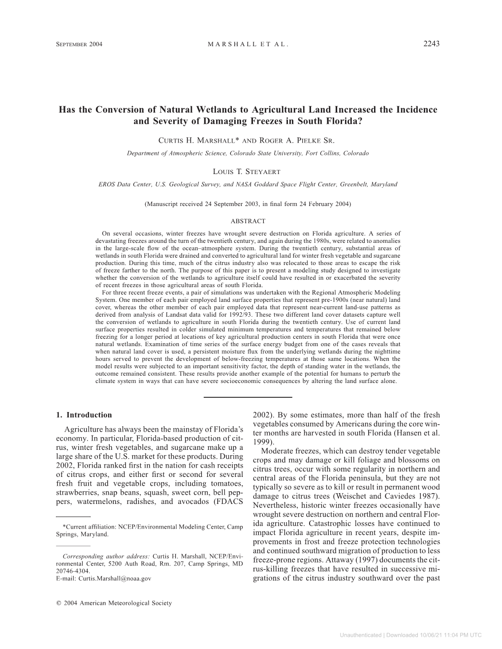 Has the Conversion of Natural Wetlands to Agricultural Land Increased the Incidence and Severity of Damaging Freezes in South Florida?