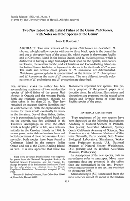 Two New Indo-Pacific Labrid Fishes of the Genus Halichoeres, with Notes on Other Species of the Genus!