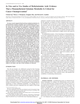 In Vitro and in Vivo Studies of Methylseleninic Acid: Evidence That a Monomethylated Selenium Metabolite Is Critical for Cancer Chemoprevention1