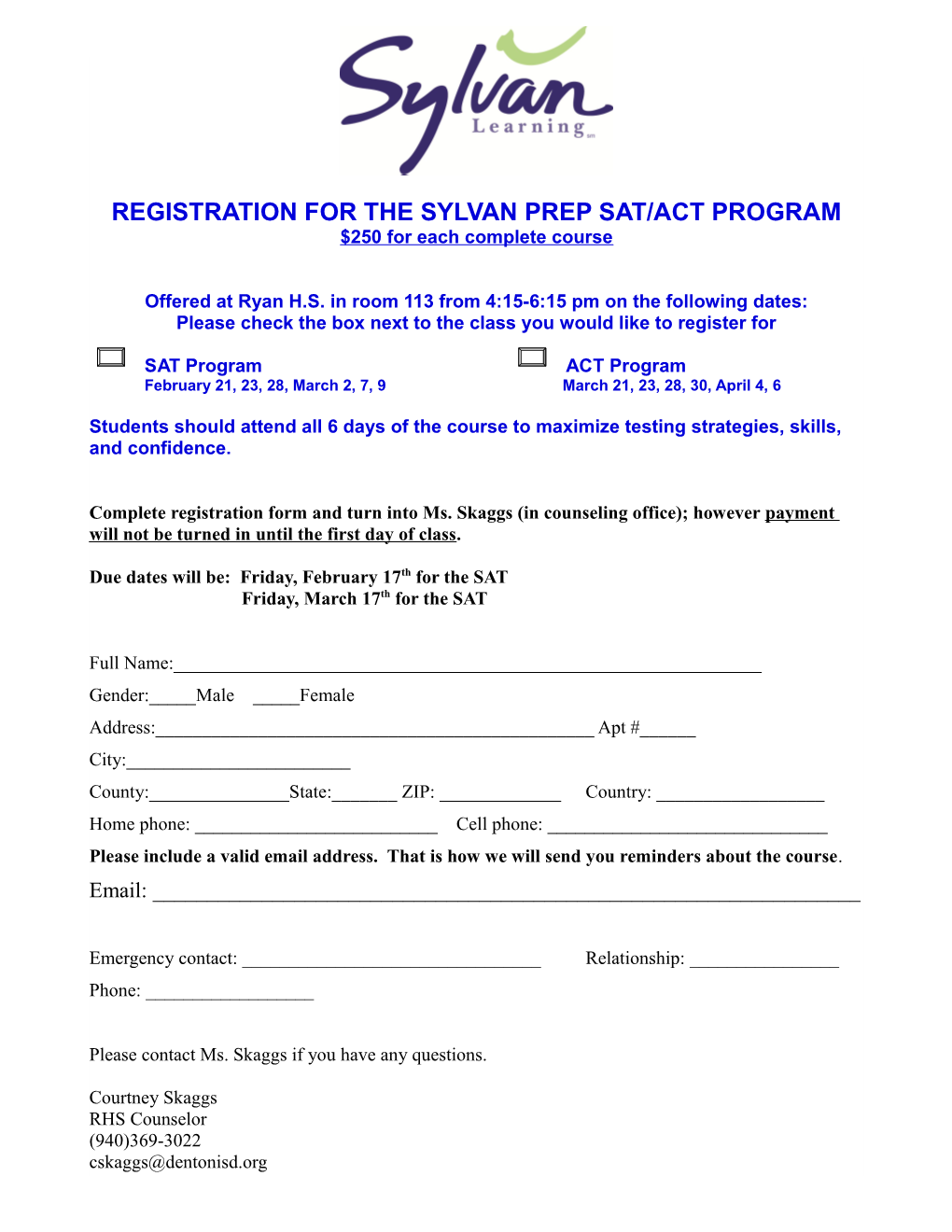 Registration for the Sylvan Prep Sat/Act Program