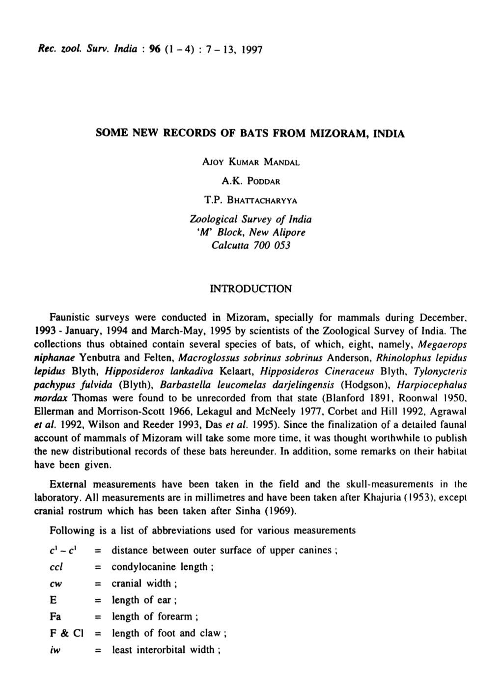 Some New Records of Bats from Mizoram, India