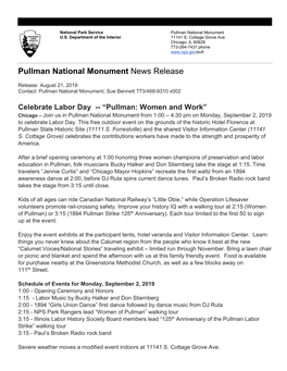Pullman National Monument News Release