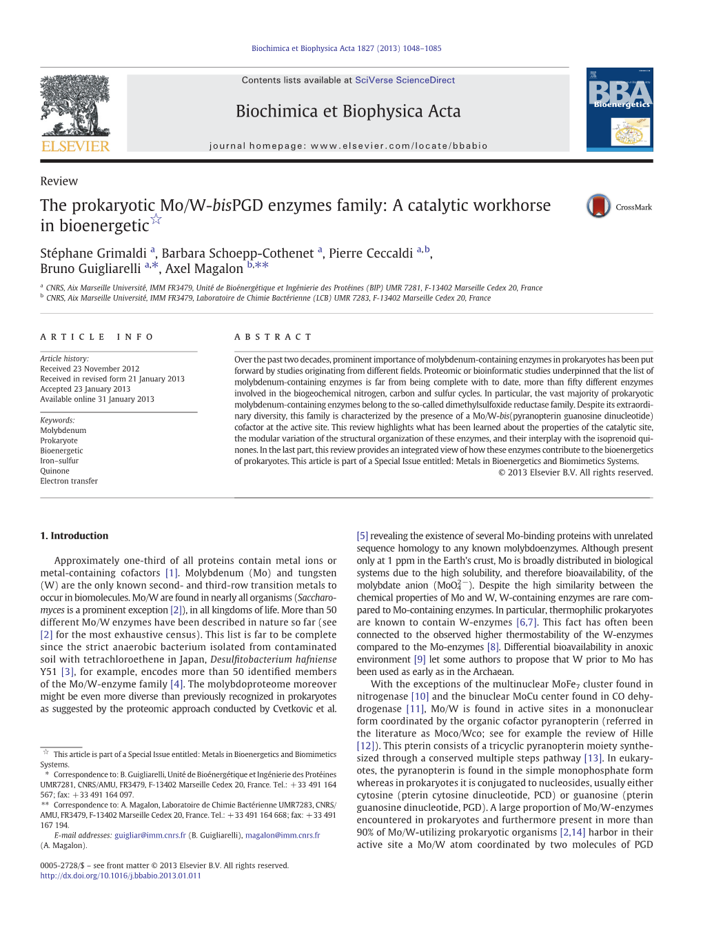 The Prokaryotic Mo/W-Bispgd Enzymes Family: a Catalytic Workhorse in Bioenergetic☆