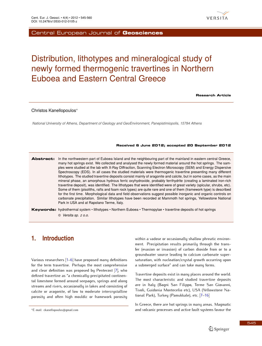 Distribution, Lithotypes and Mineralogical Study of Newly Formed Thermogenic Travertines in Northern Euboea and Eastern Central Greece