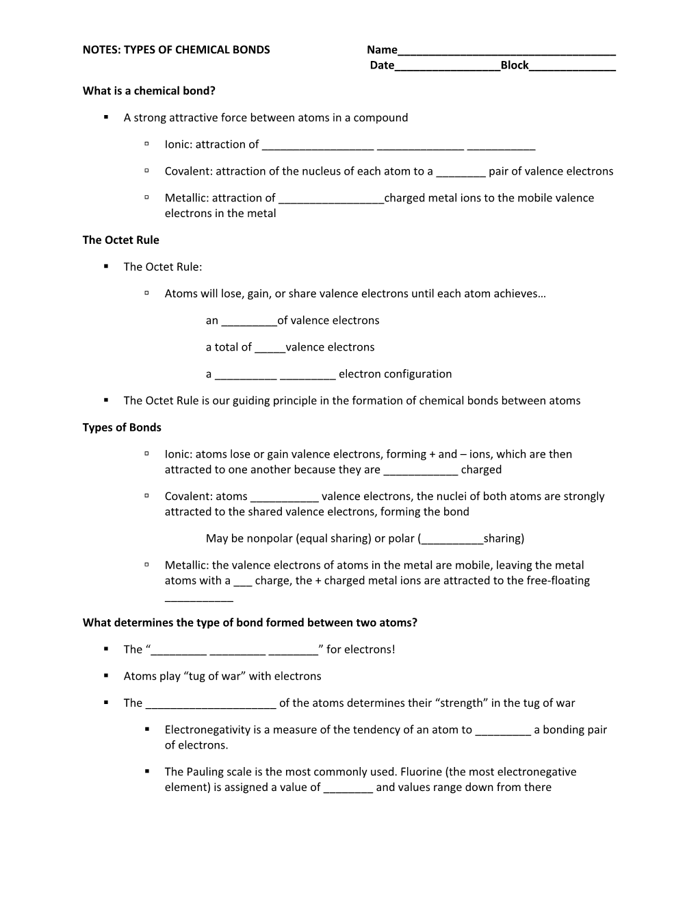 NOTES: TYPES of CHEMICAL BONDS Name______