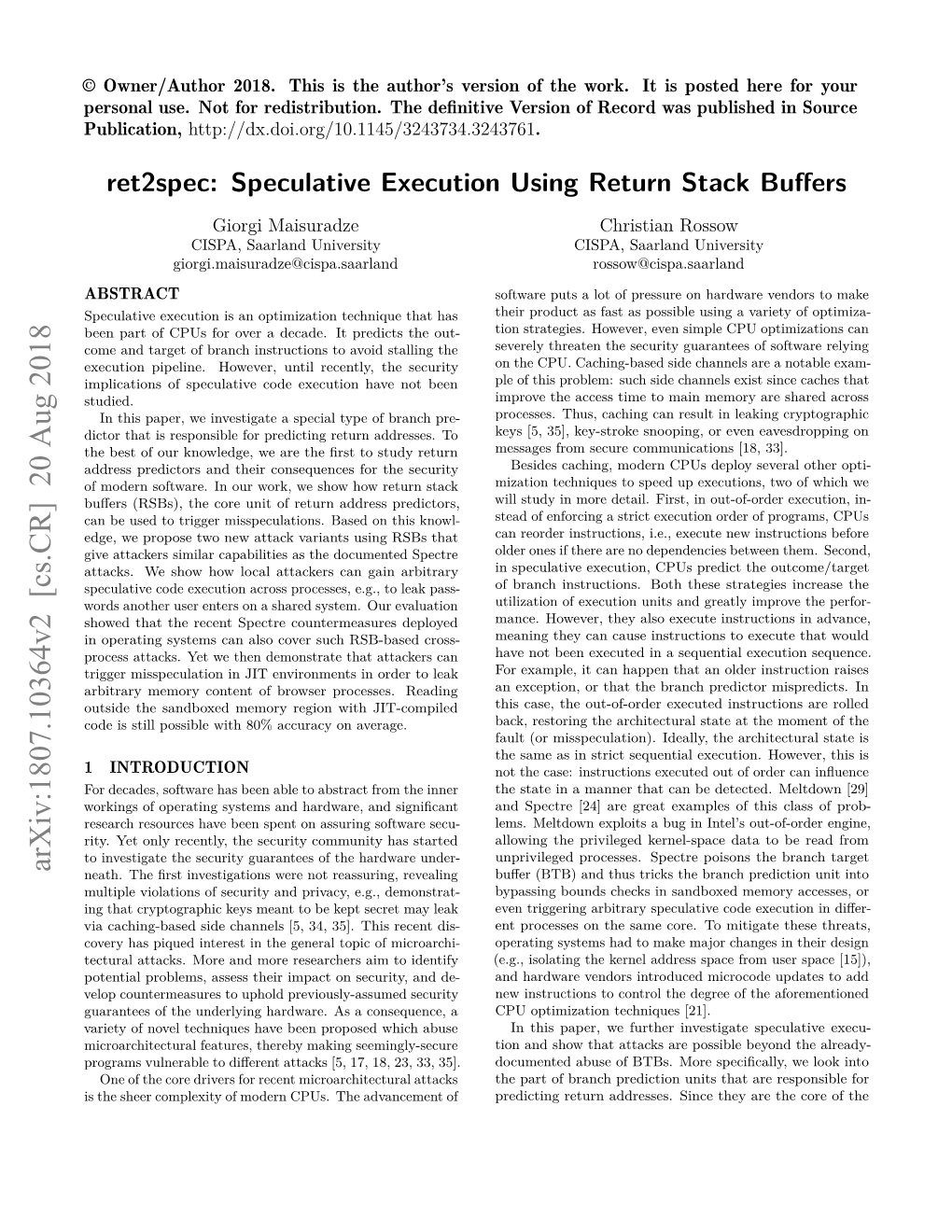 Ret2spec: Speculative Execution Using Return Stack Buffers