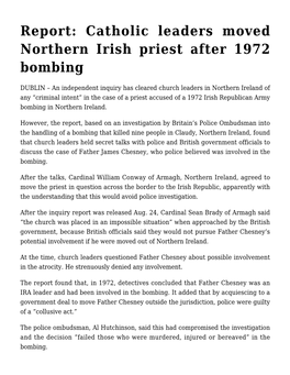 Catholic Leaders Moved Northern Irish Priest After 1972 Bombing