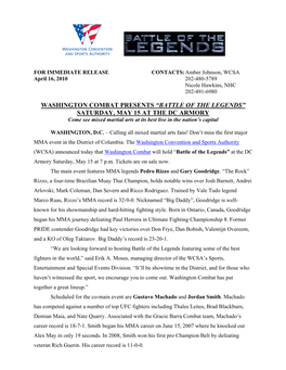 Battle of the Legends" MMA Match at DC Armory May 15
