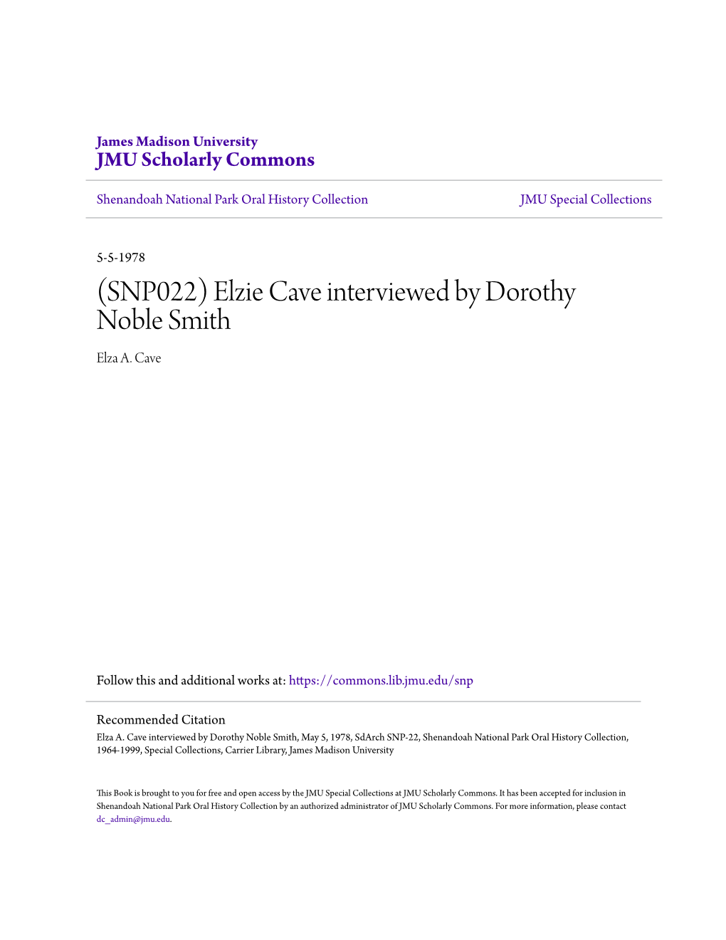(SNP022) Elzie Cave Interviewed by Dorothy Noble Smith Elza A