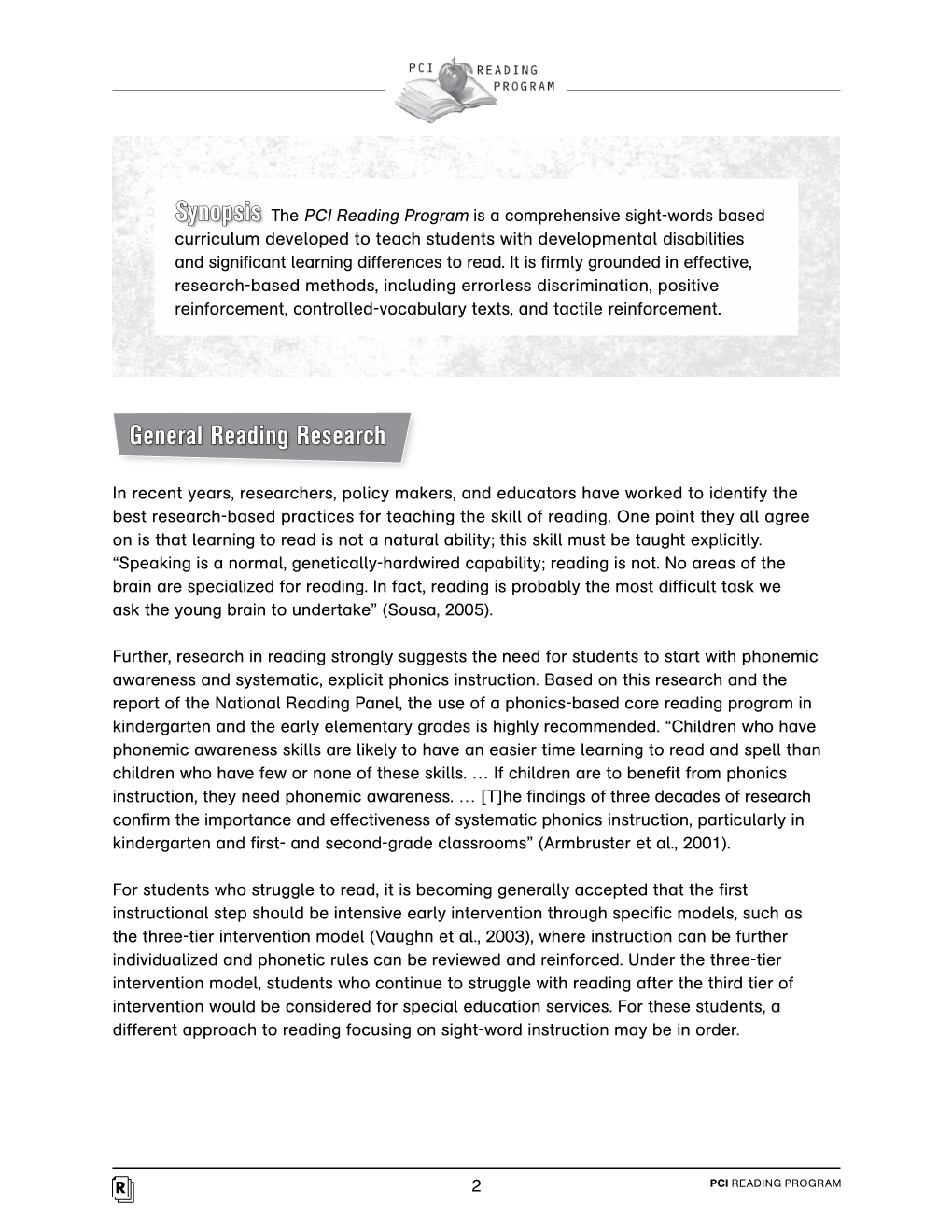 PCI Reading Program Research and References Summary