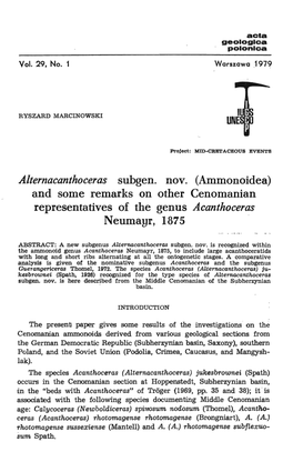 Alternacanthoceras Subgen. Novo (Ammonoidea) and Some Remarks on Other Cenomanian Representatives of the Genus Acanthoceras Neumagr, 1875