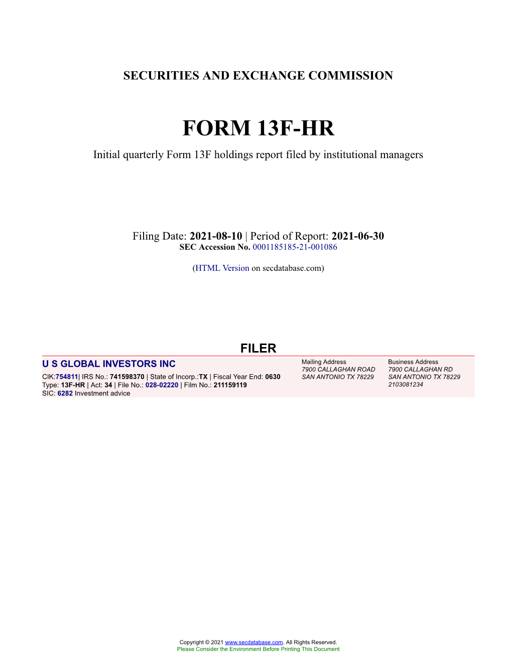 U S GLOBAL INVESTORS INC Form 13F-HR Filed 2021-08-10