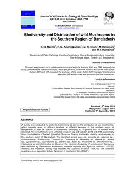 Biodiversity and Distribution of Wild Mushrooms in the Southern Region of Bangladesh