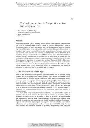 Medieval Perspectives in Europe : Oral Culture and Bodily Practices