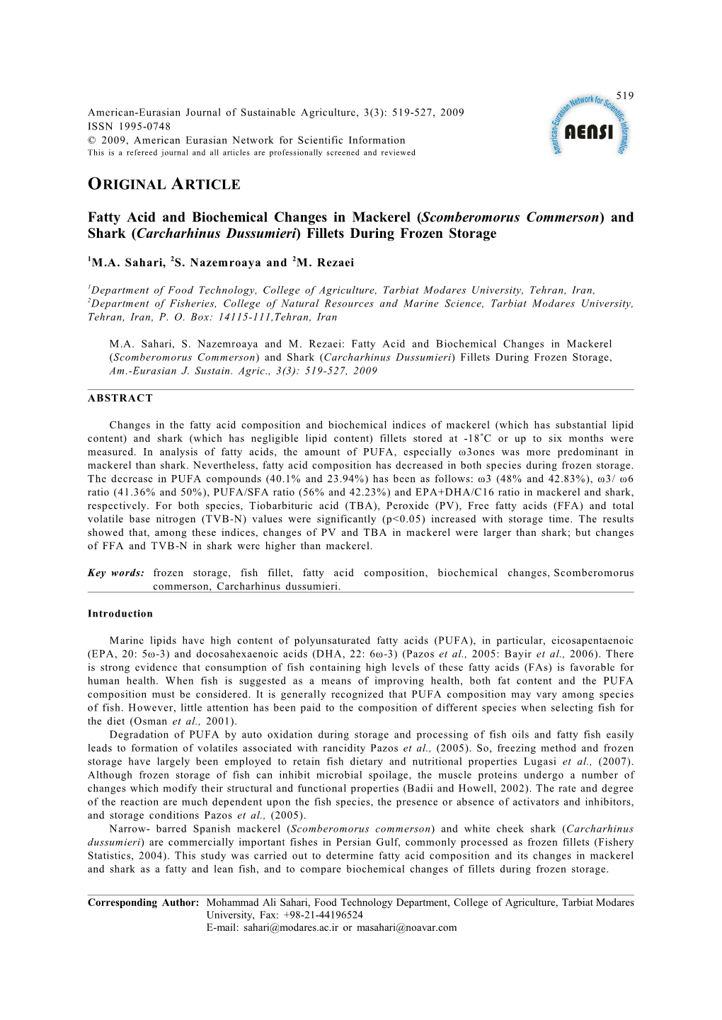 A Comparison of Fatty Acid and Biochemical Changes in Mackerel (Scomberomorus Commersons)