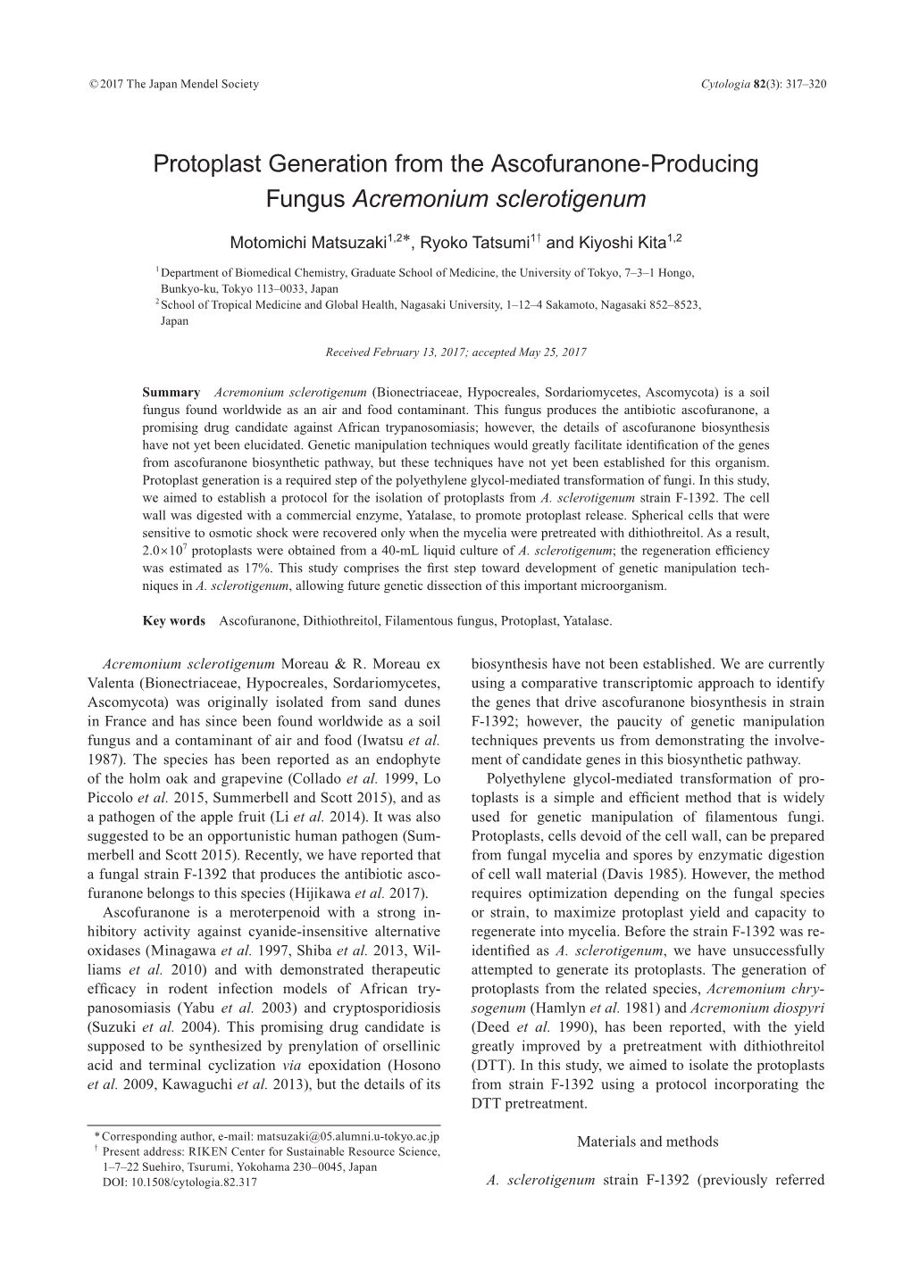 Protoplast Generation from the Ascofuranone-Producing Fungus Acremonium Sclerotigenum