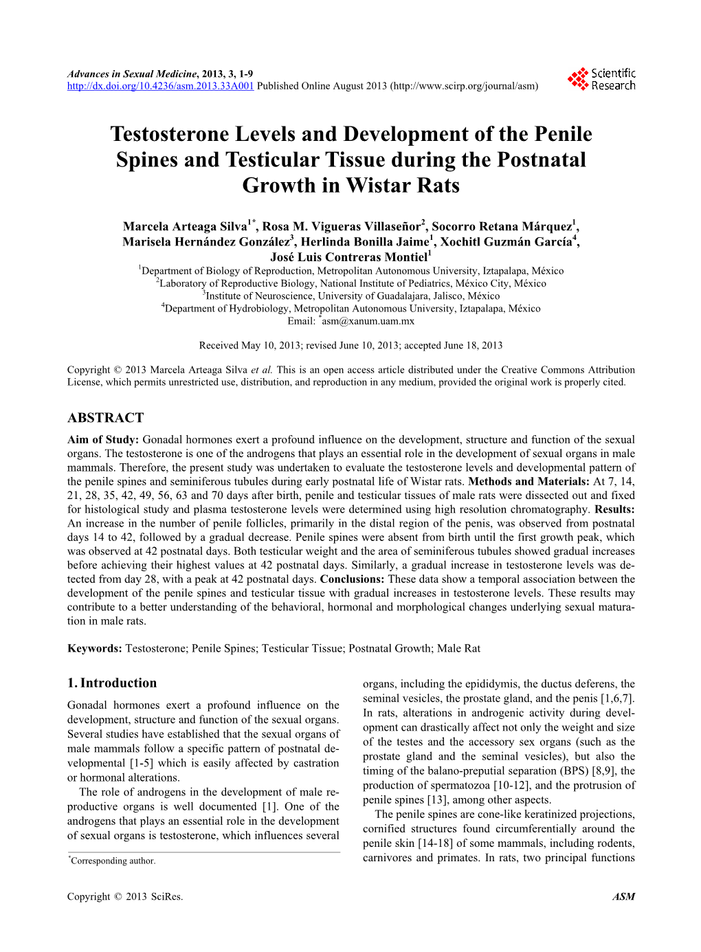 Testosterone Levels and Development of the Penile Spines and Testicular Tissue During the Postnatal Growth in Wistar Rats