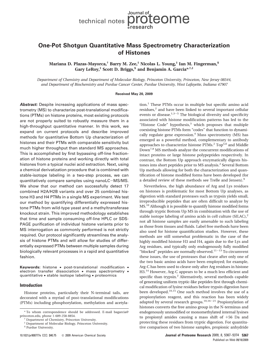 One-Pot Shotgun Quantitative Mass Spectrometry Characterization of Histones