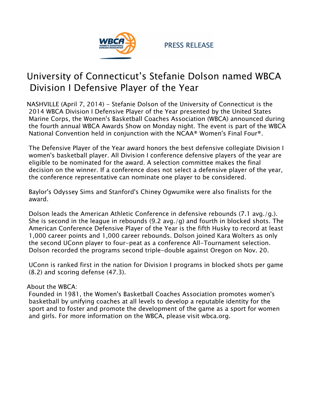 University of Connecticut's Stefanie Dolson Named WBCA Division I