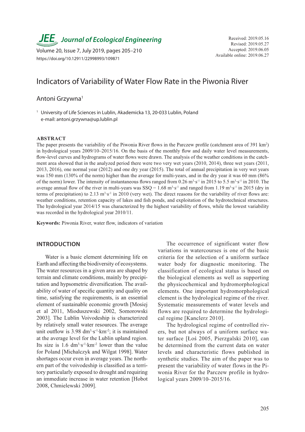 Indicators of Variability of Water Flow Rate in the Piwonia River
