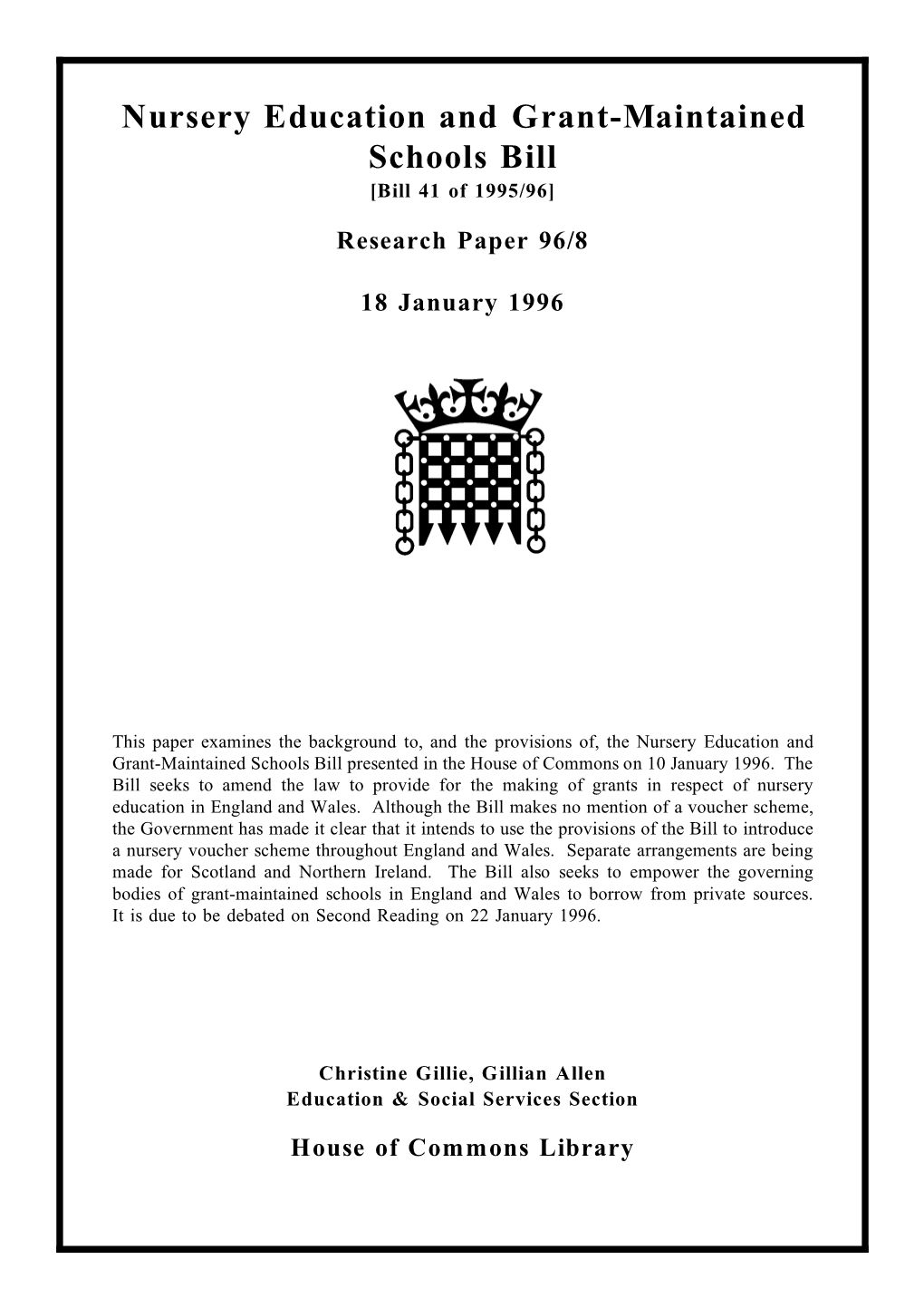 Nursery Education and Grant-Maintained Schools Bill [Bill 41 of 1995/96]