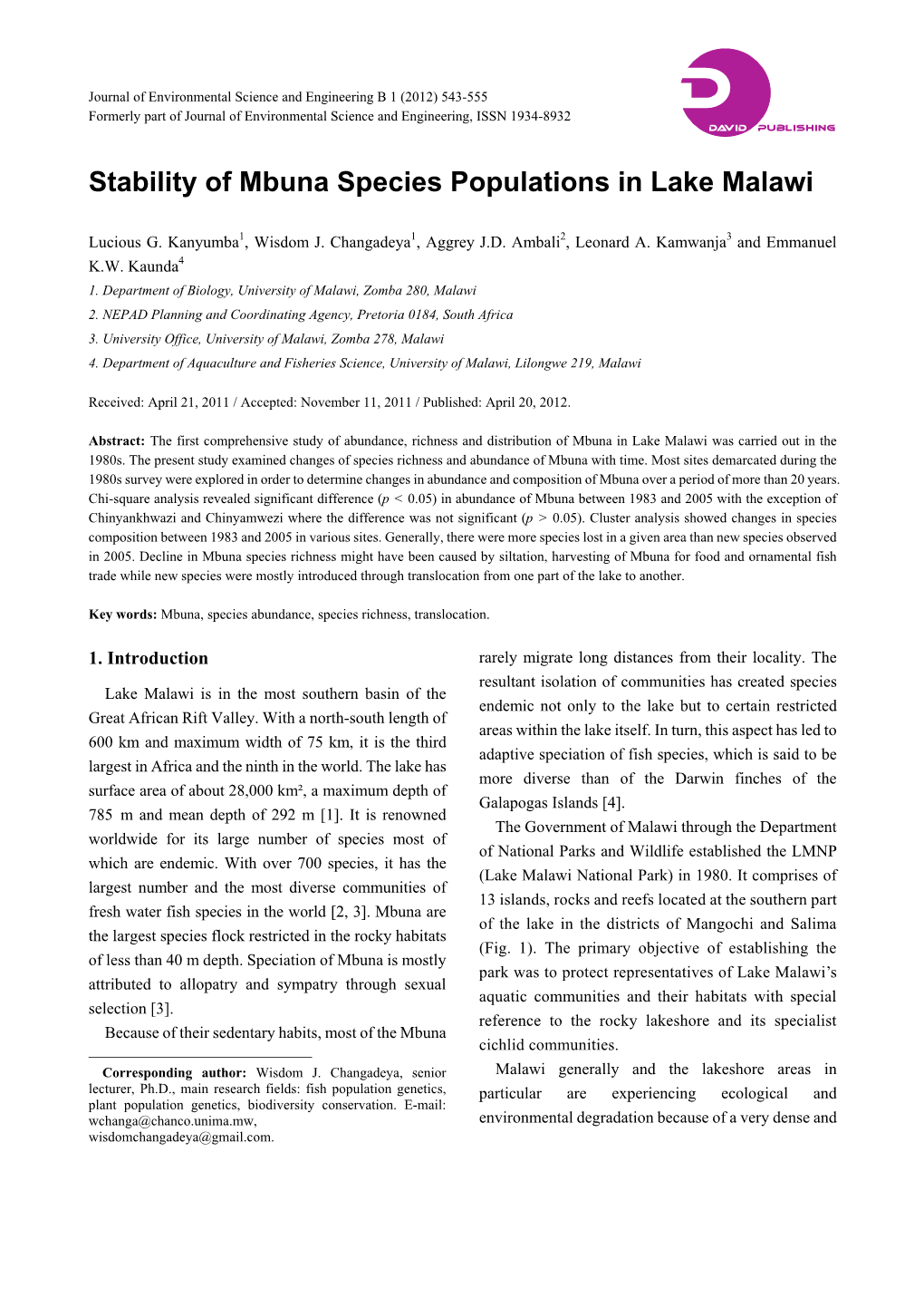 Stability of Mbuna Species Populations in Lake Malawi