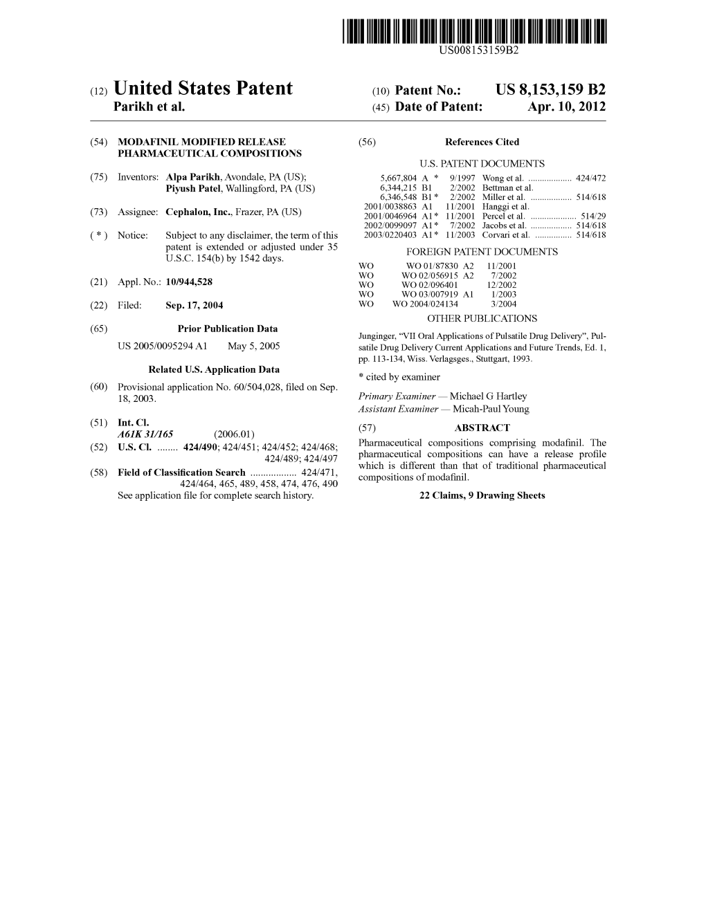 (12) United States Patent (10) Patent No.: US 8,153,159 B2 Parikh Et Al