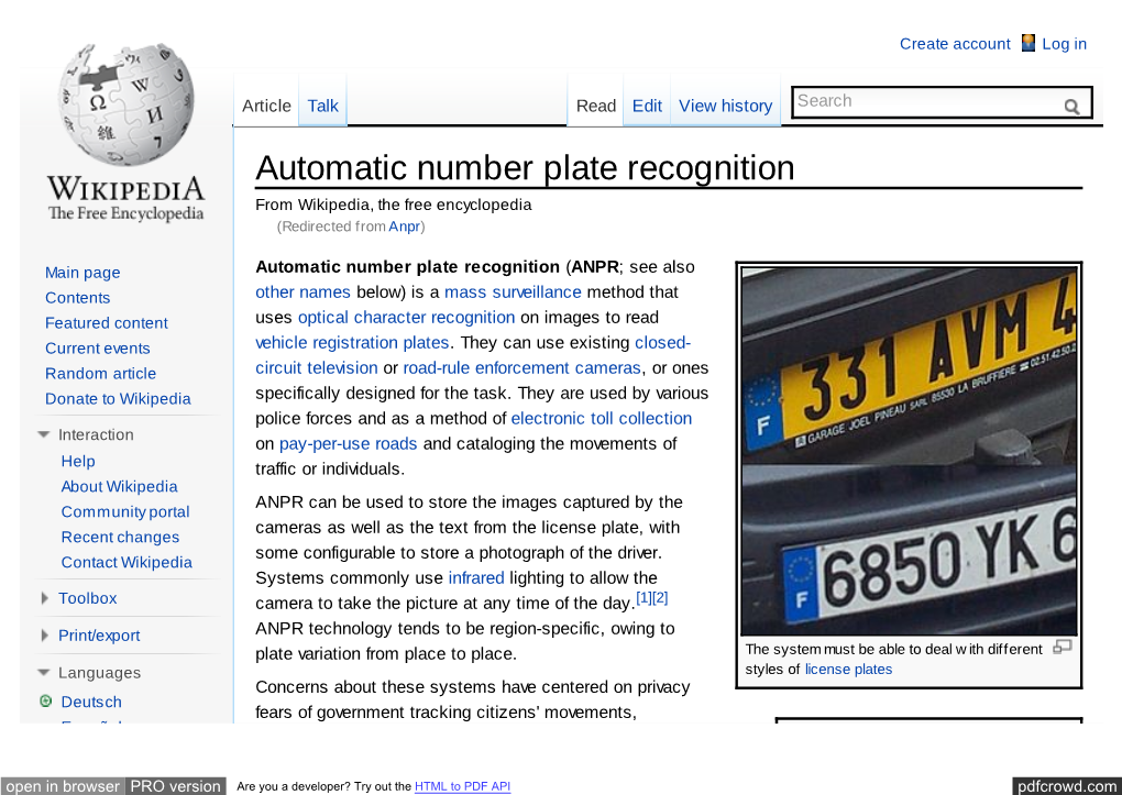 Automatic Number Plate Recognition from Wikipedia, the Free Encyclopedia (Redirected from Anpr)