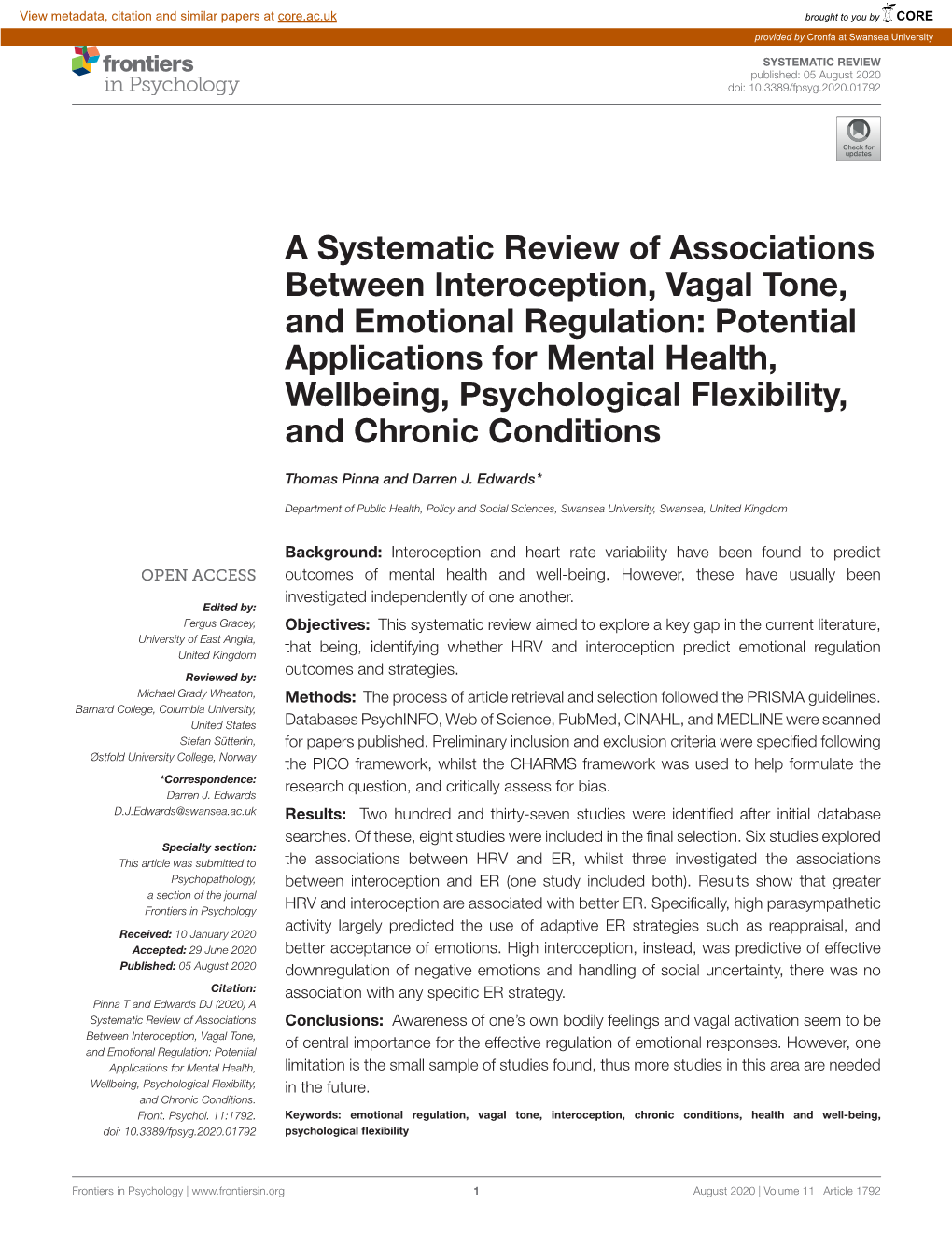 A Systematic Review of Associations Between Interoception, Vagal Tone, and Emotional Regulation