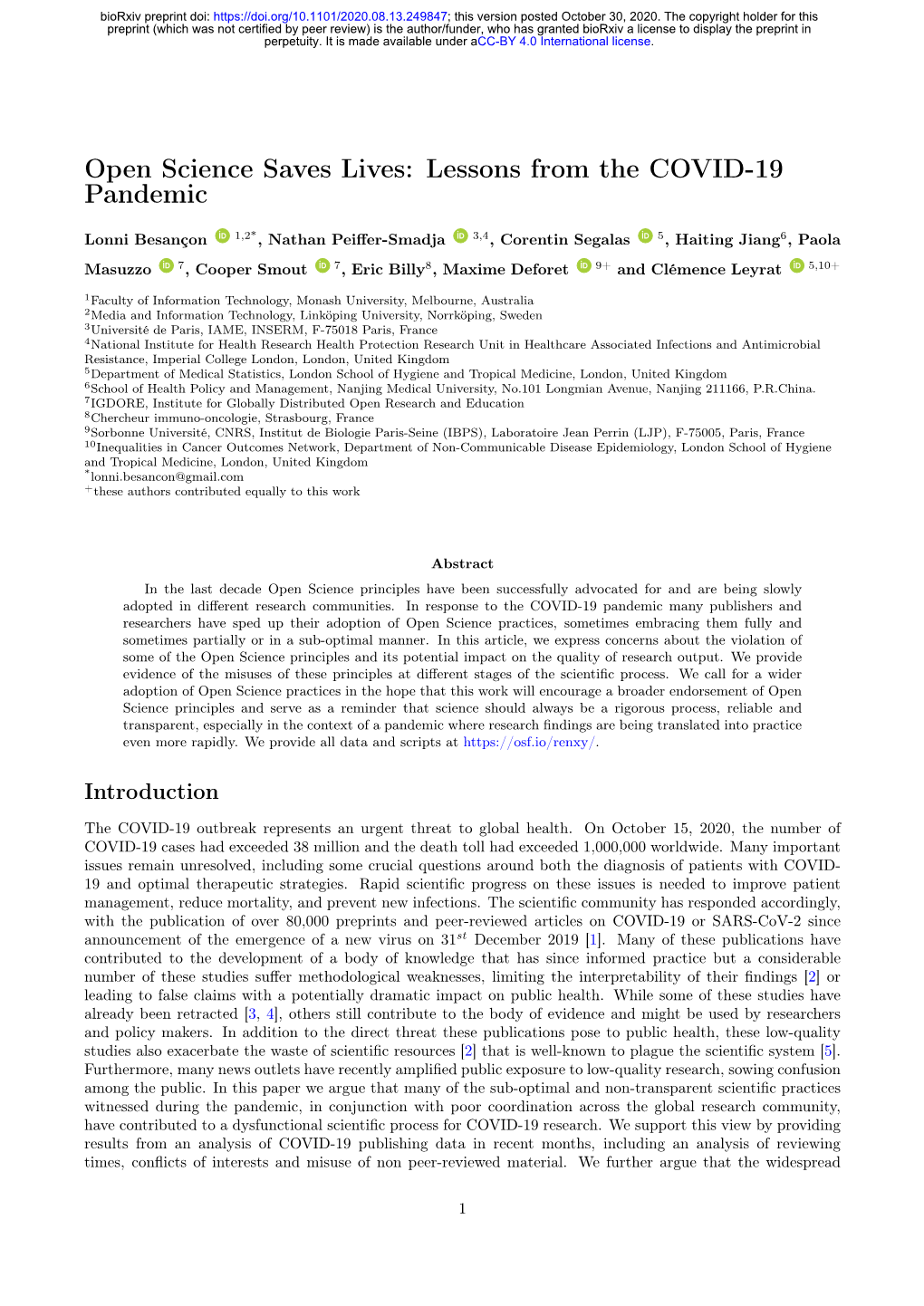 Open Science Saves Lives: Lessons from the COVID-19 Pandemic