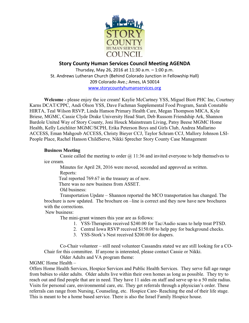 Story County Human Services Council Meeting AGENDA s2