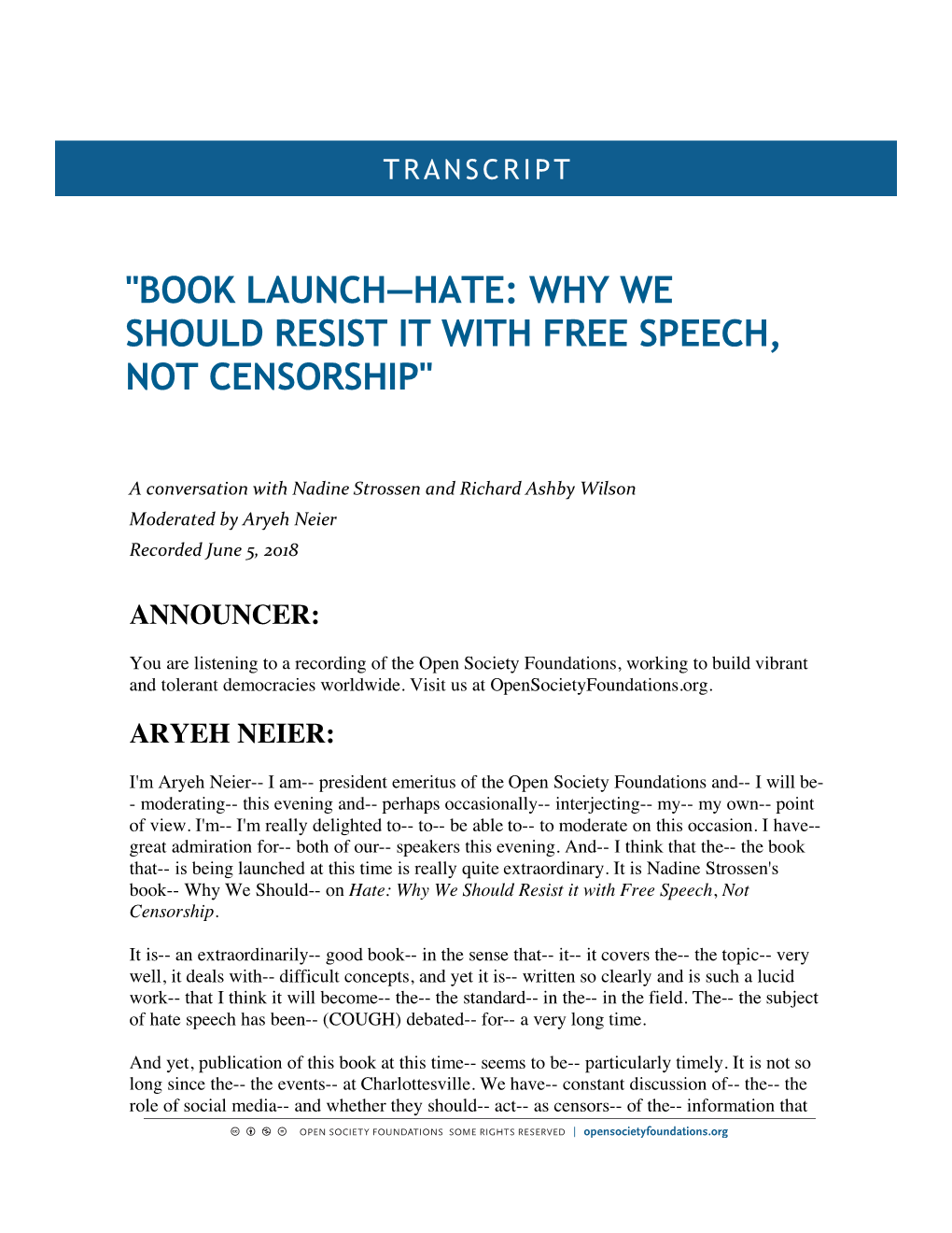 "Book Launch—Hate: Why We Should Resist It with Free Speech, Not Censorship"