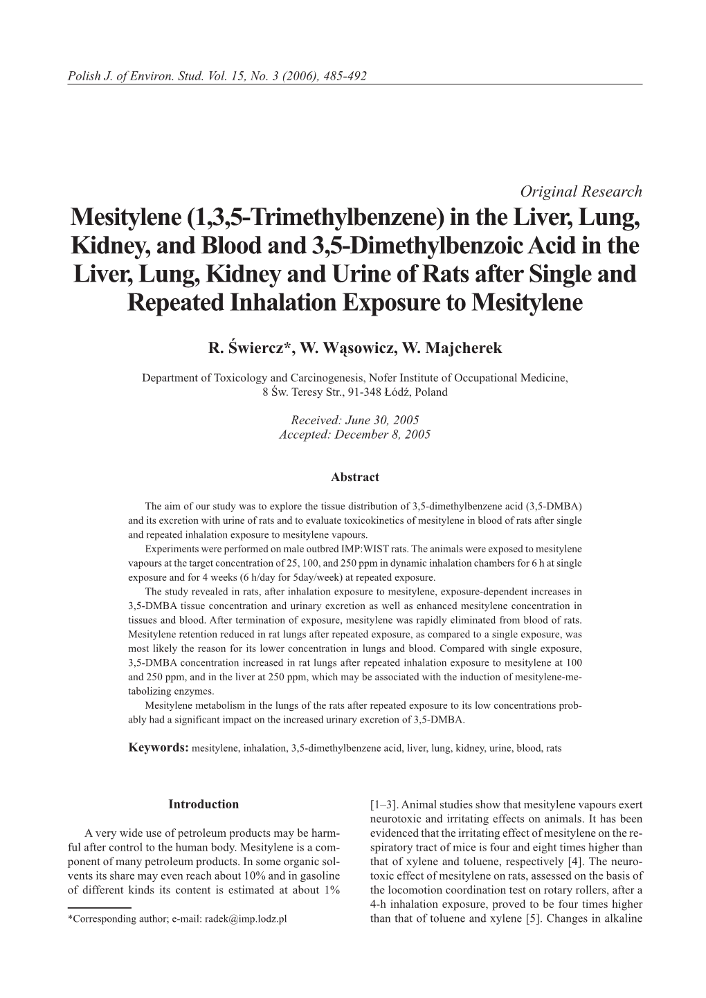 Mesitylene (1,3,5-Trimethylbenzene) in the Liver, Lung, Kidney, And