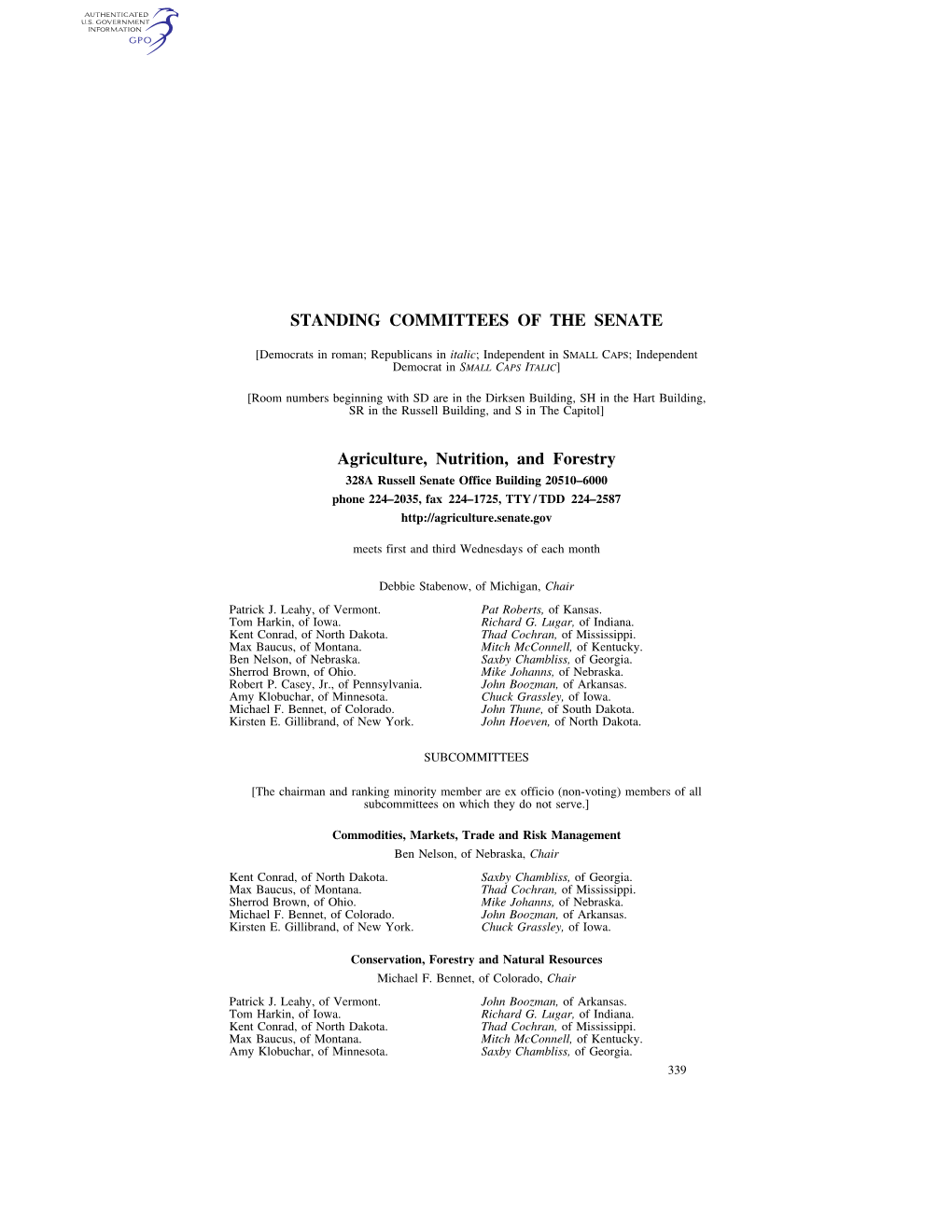 STANDING COMMITTEES of the SENATE Agriculture, Nutrition, and Forestry