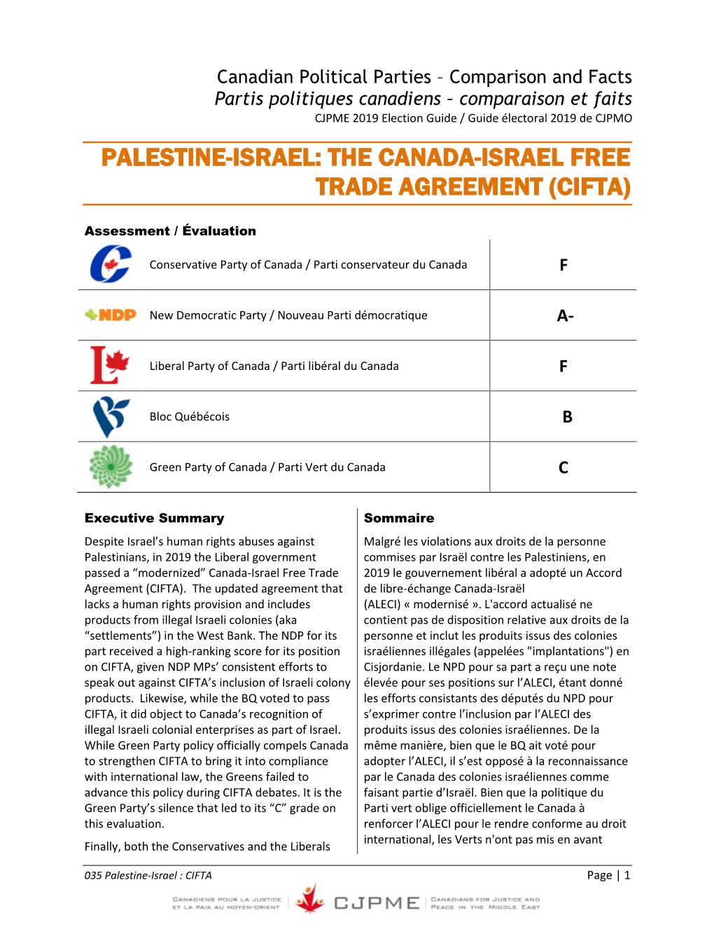 Canadian Political Parties – Comparison and Facts Partis Politiques Canadiens – Comparaison Et Faits CJPME 2019 Election Guide / Guide Électoral 2019 De CJPMO