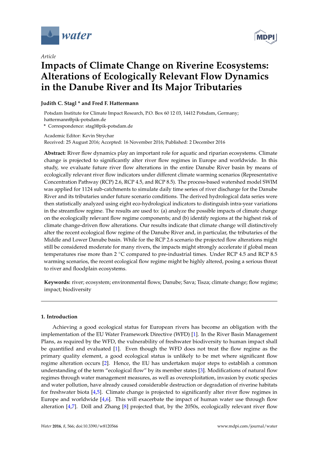 Impacts of Climate Change on Riverine Ecosystems: Alterations of Ecologically Relevant Flow Dynamics in the Danube River and Its Major Tributaries