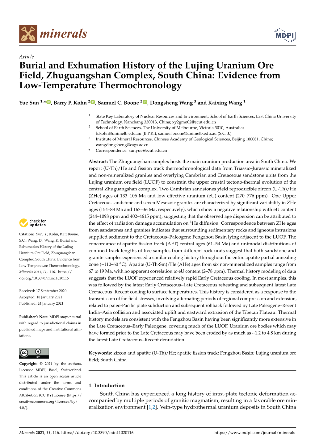 Burial and Exhumation History of the Lujing Uranium Ore Field, Zhuguangshan Complex, South China: Evidence from Low-Temperature Thermochronology